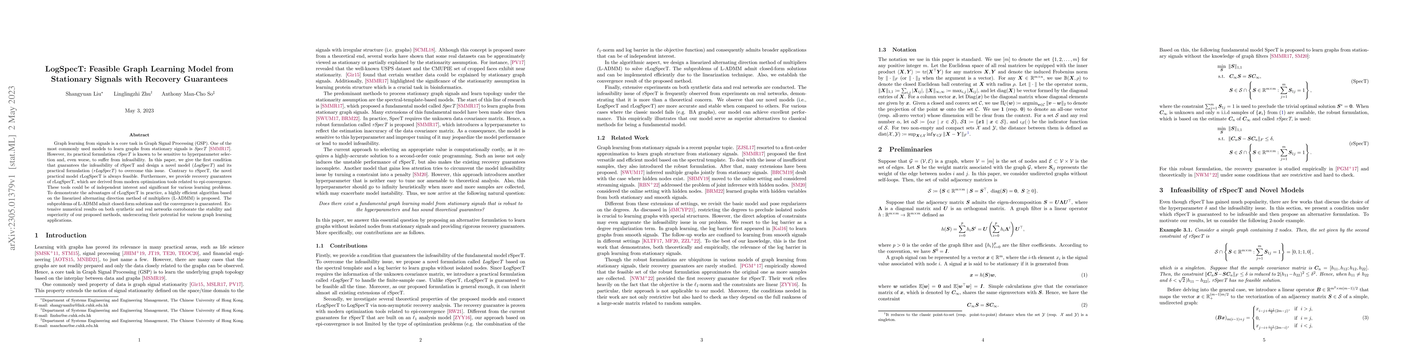 Thumbnail for LogSpecT: Feasible Graph Learning Model from Stationary Signals with
  Recovery Guarantees