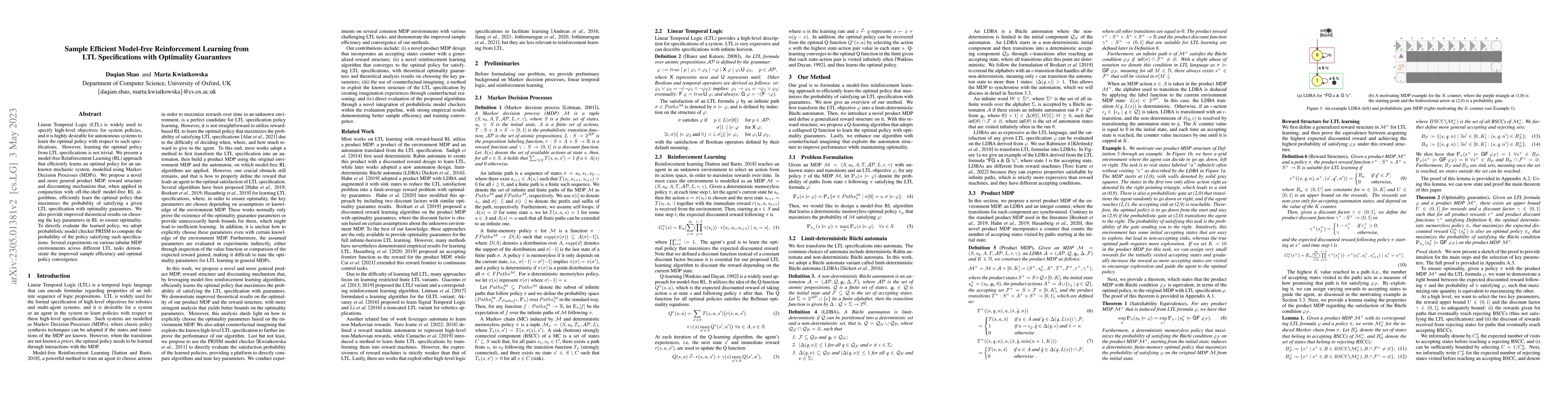 Thumbnail for Sample Efficient Model-free Reinforcement Learning from LTL
  Specifications with Optimality Guarantees