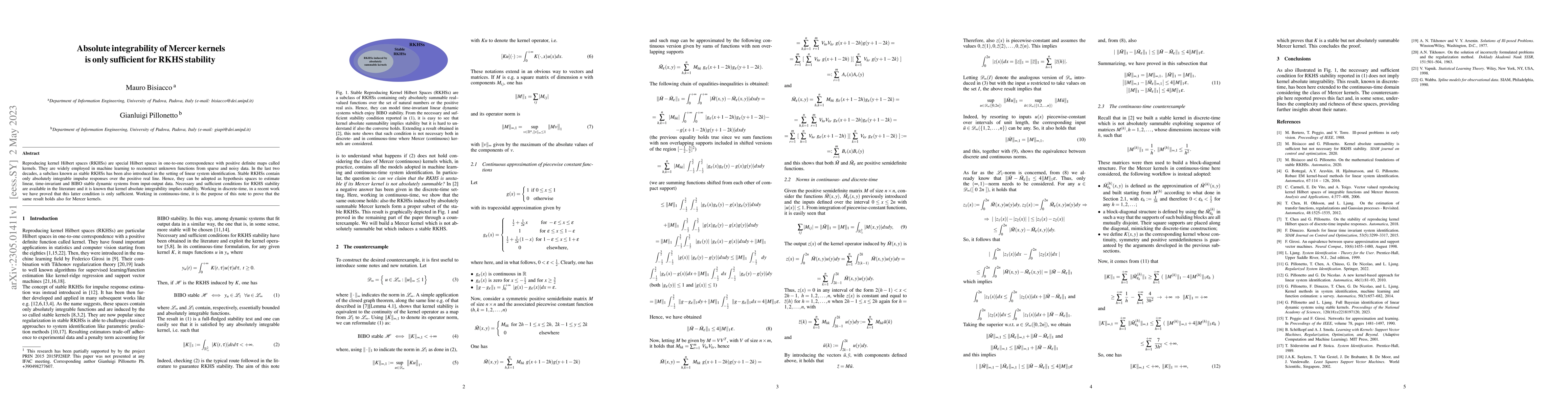 Thumbnail for Absolute integrability of Mercer kernels is only sufficient for RKHS
  stability