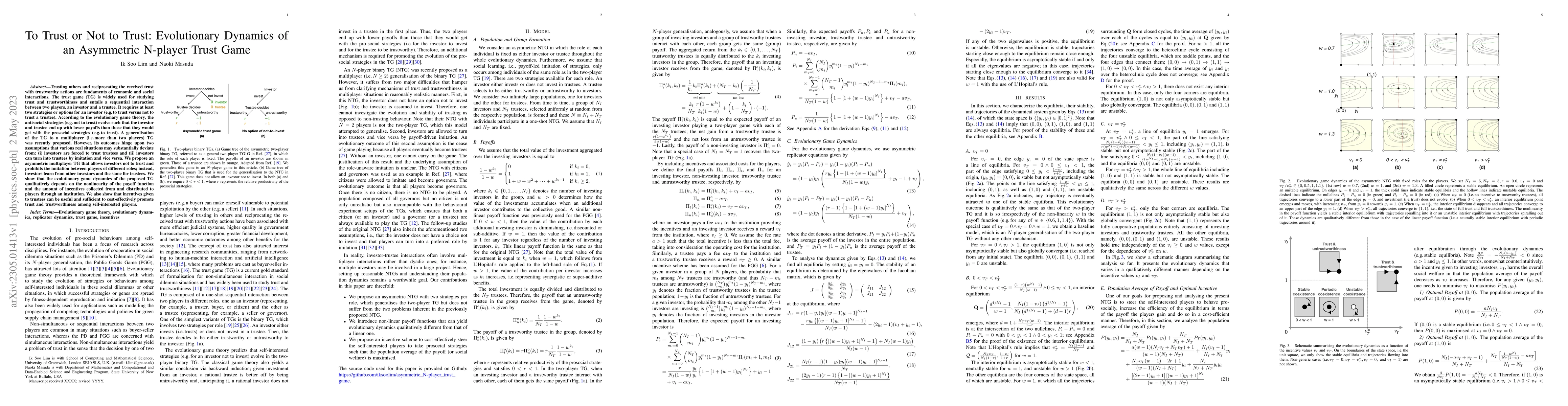 Thumbnail for To Trust or Not to Trust: Evolutionary Dynamics of an Asymmetric
  N-player Trust Game