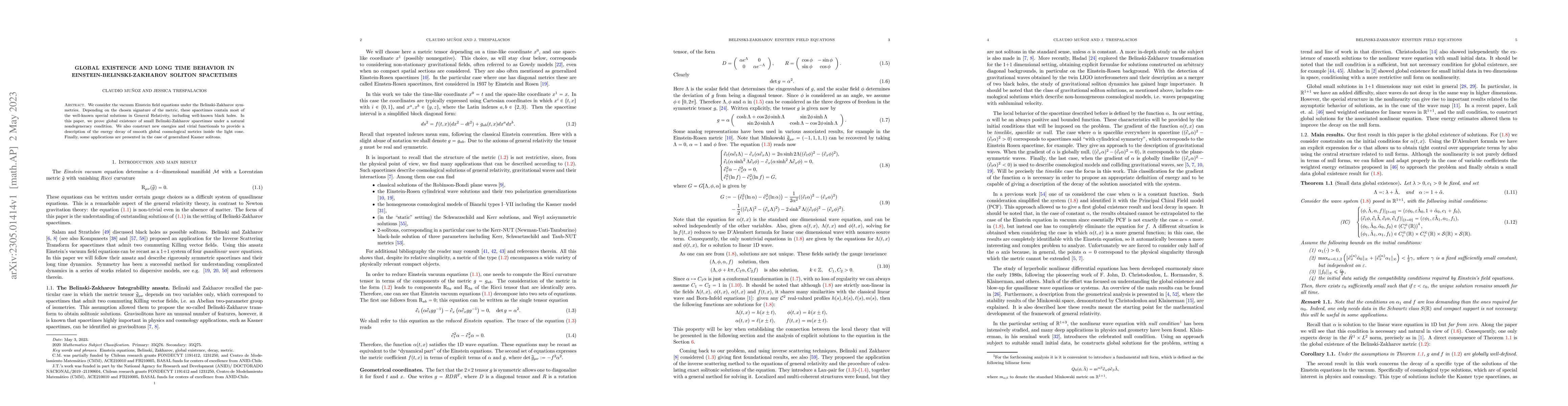 Thumbnail for Global Existence and Long Time Behavior in Einstein-Belinski-Zakharov
  Soliton Spacetimes