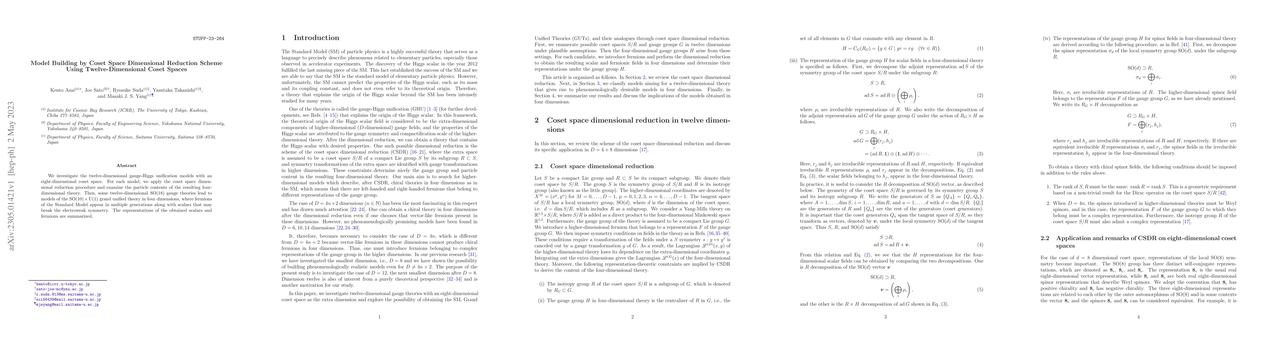 Thumbnail for Model Building by Coset Space Dimensional Reduction Scheme Using
  Twelve-Dimensional Coset Spaces