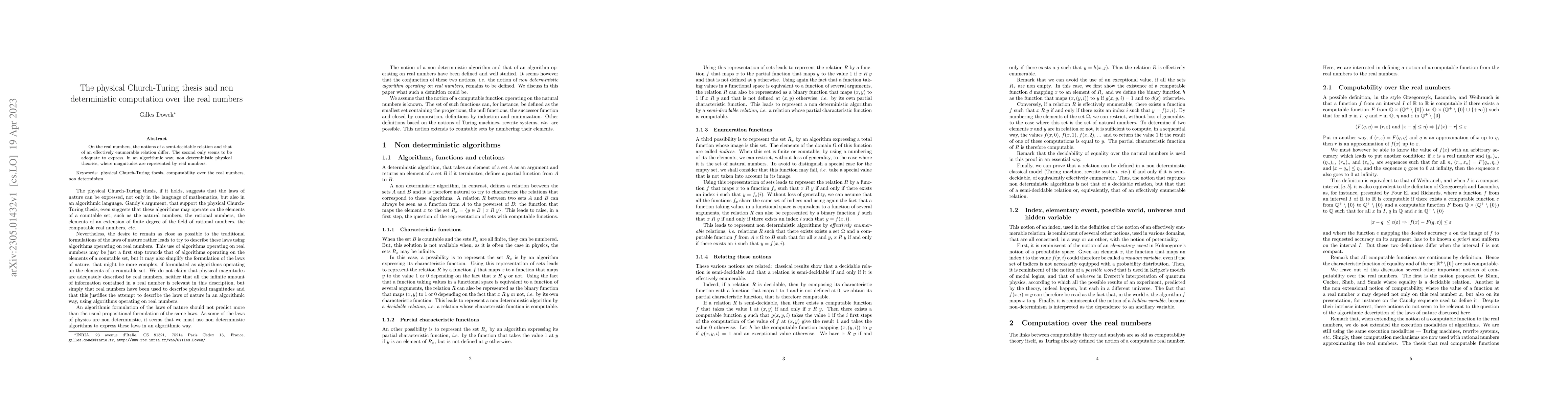 Thumbnail for The physical Church-Turing thesis and non deterministic computation over
  the real numbers
