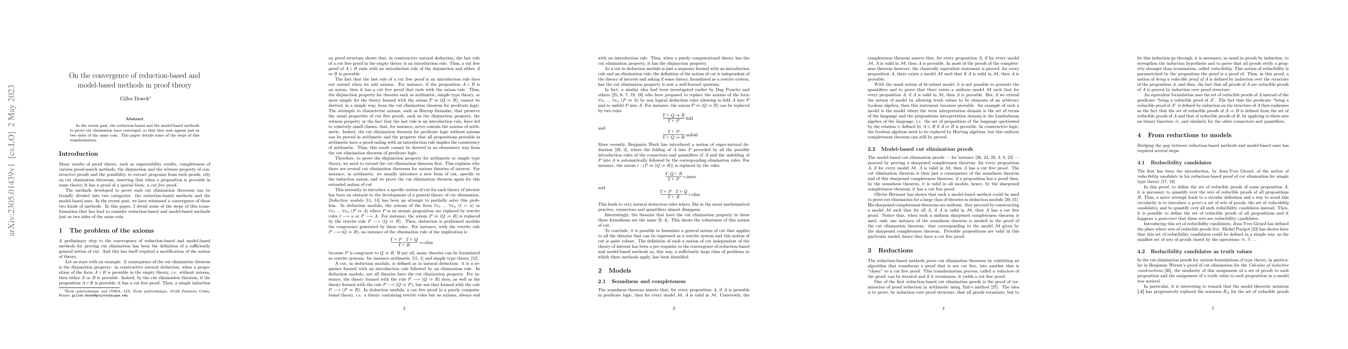 Thumbnail for On the convergence of reduction-based and model-based methods in proof
  theory
