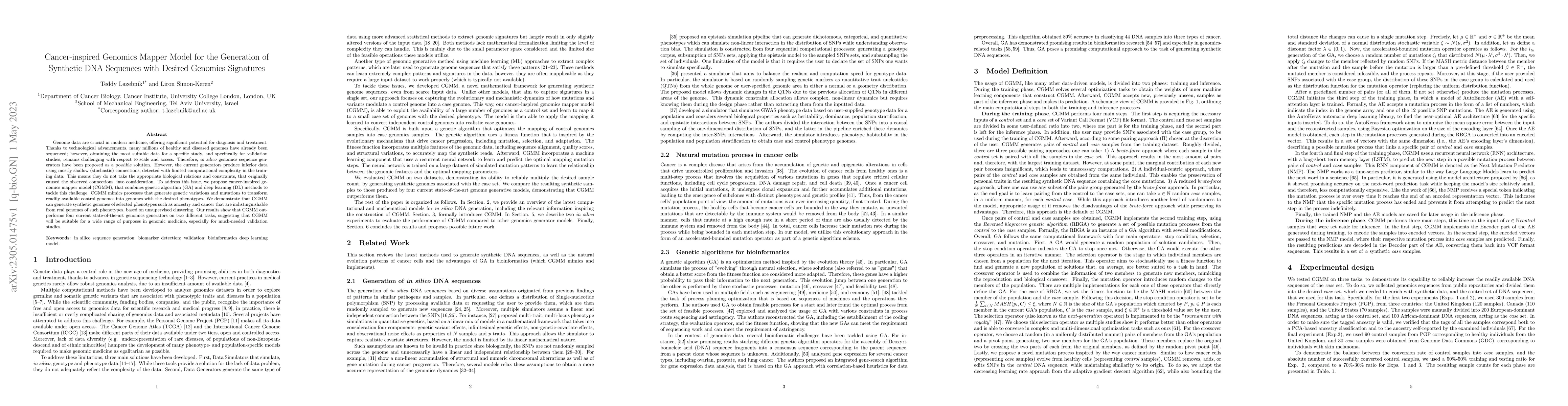 Thumbnail for Cancer-inspired Genomics Mapper Model for the Generation of Synthetic
  DNA Sequences with Desired Genomics Signatures