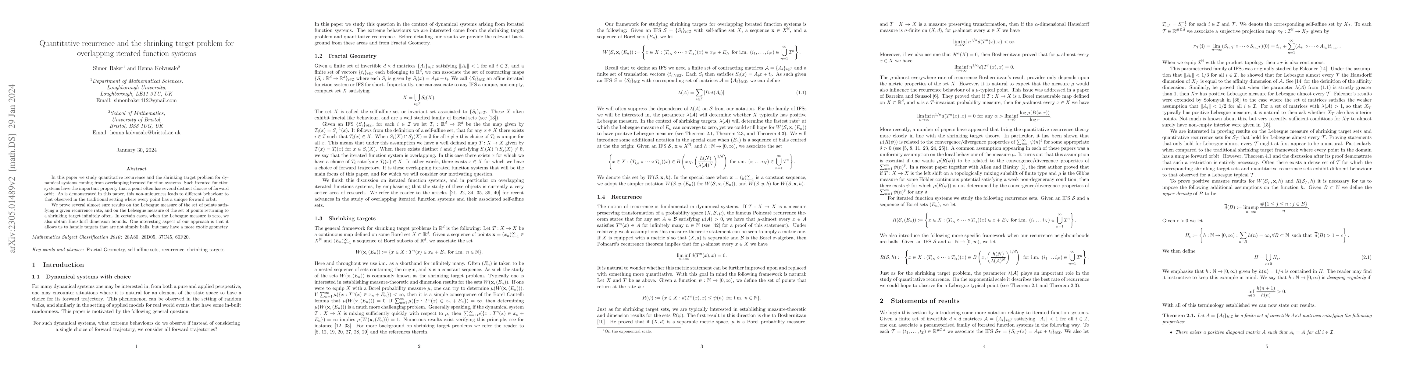 Thumbnail for Quantitative recurrence and the shrinking target problem for overlapping
  iterated function systems