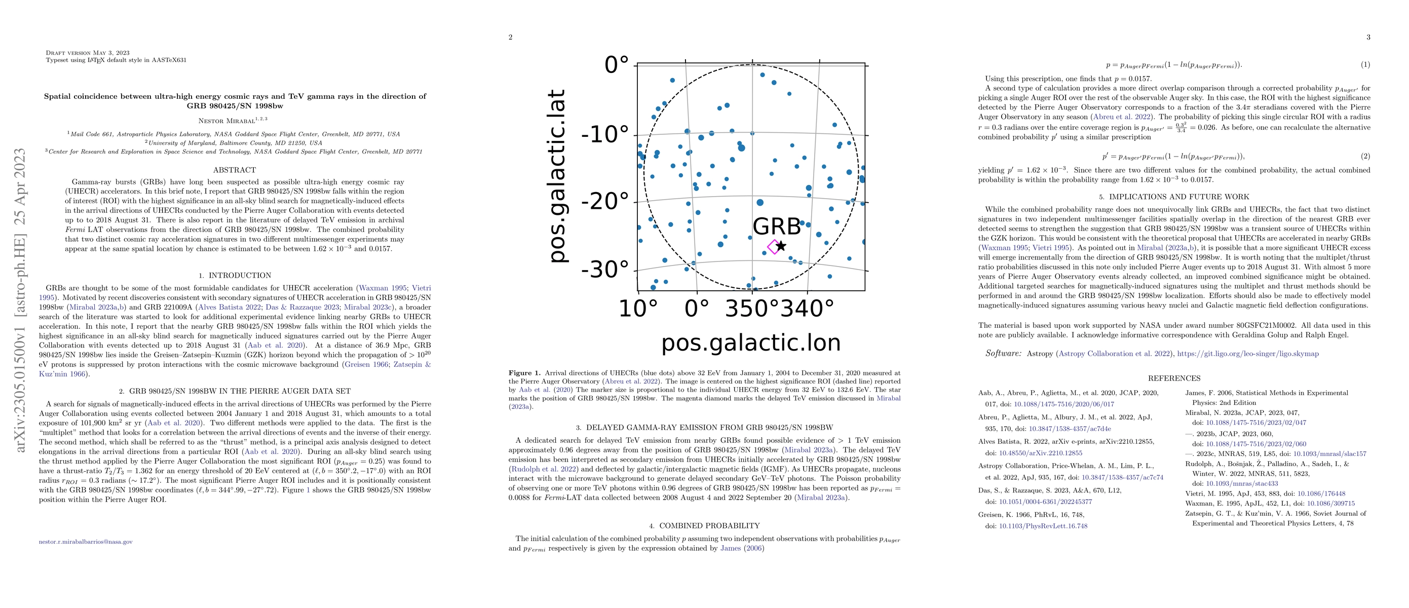 Thumbnail for Spatial coincidence between ultra-high energy cosmic rays and TeV gamma
  rays in the direction of GRB 980425/SN 1998bw