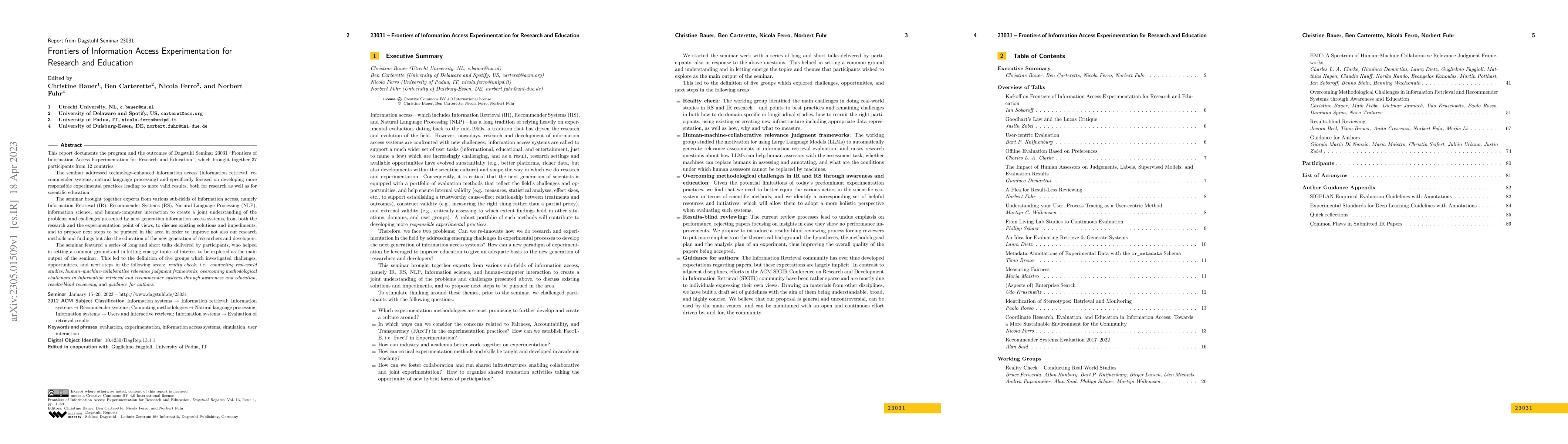 Thumbnail for Report from Dagstuhl Seminar 23031: Frontiers of Information Access
  Experimentation for Research and Education