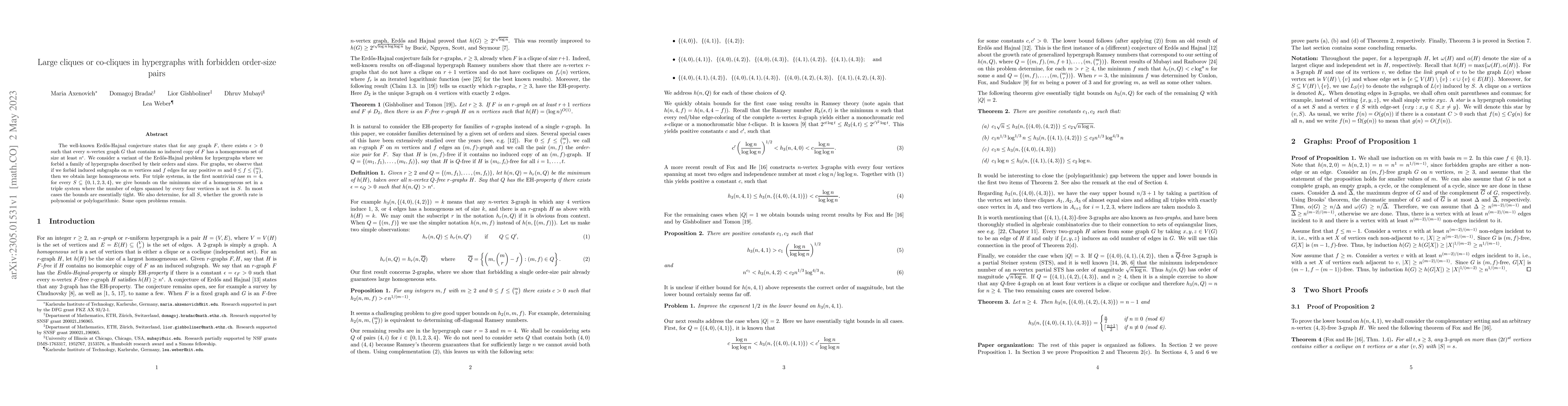 Thumbnail for Large cliques or co-cliques in hypergraphs with forbidden order-size
  pairs