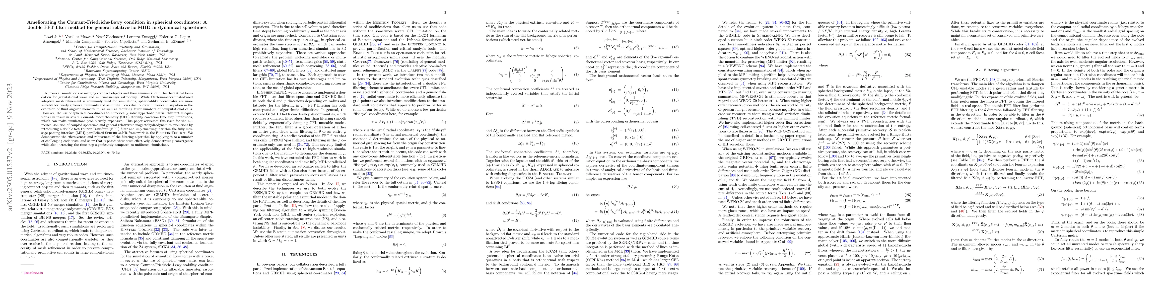 Thumbnail for Ameliorating the Courant-Friedrichs-Lewy condition in spherical
  coordinates: A double FFT filter method for general relativistic MHD in
  dynamical spacetimes