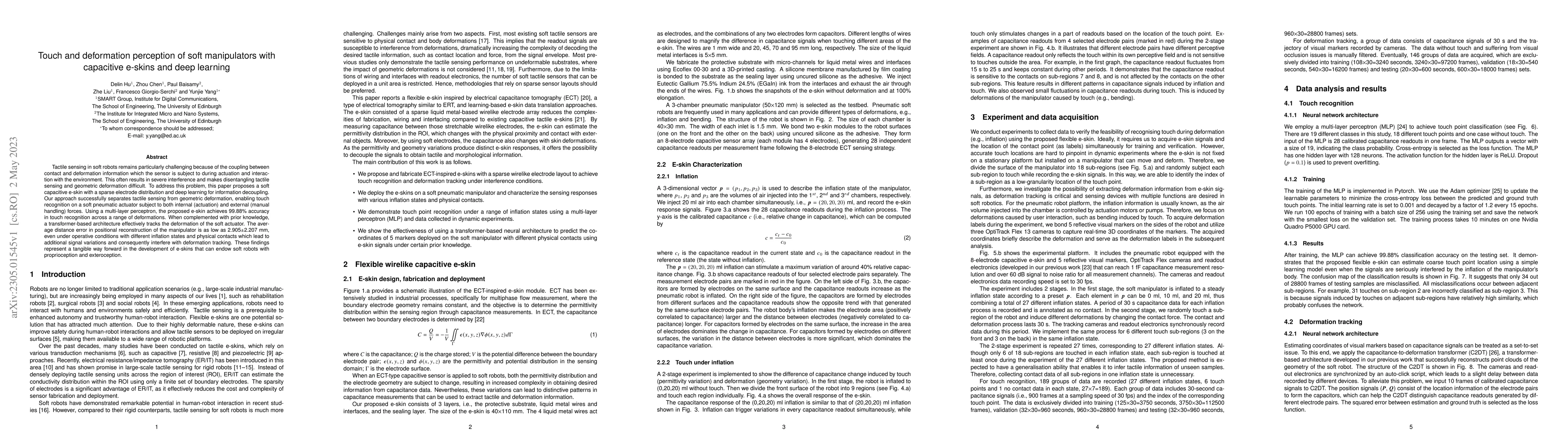 Thumbnail for Touch and deformation perception of soft manipulators with capacitive
  e-skins and deep learning