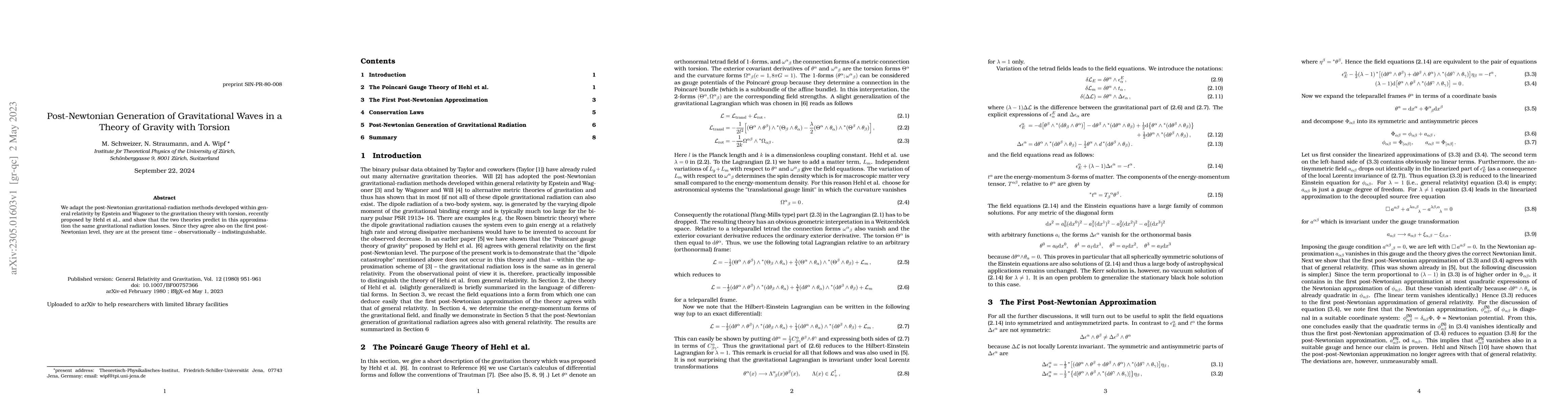 Thumbnail for Post-Newtonian Generation of Gravitational Waves in a Theory of Gravity
  with Torsion