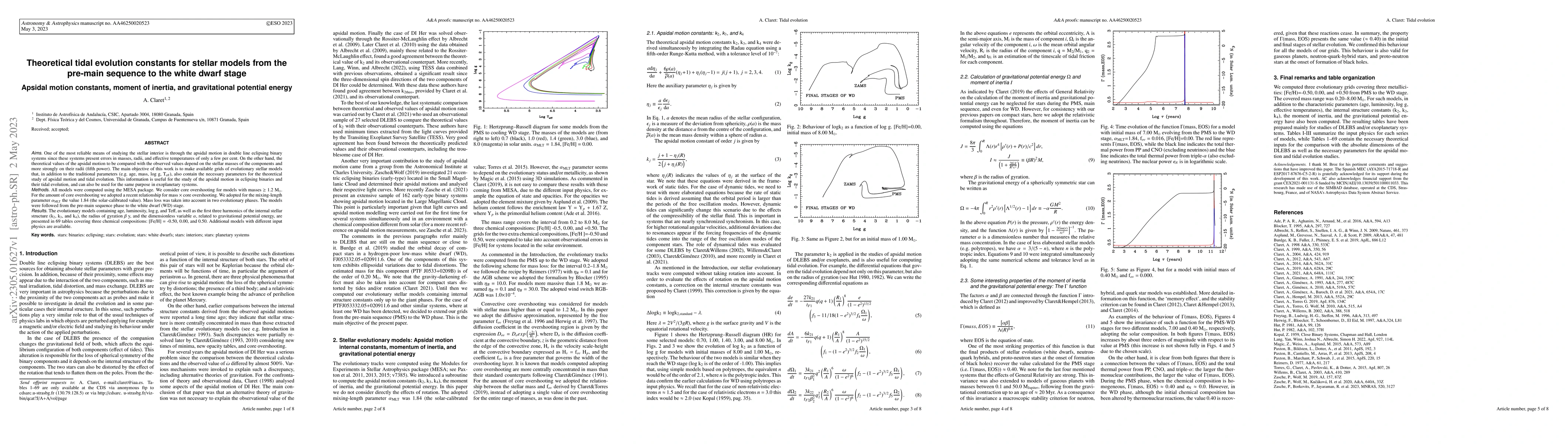 Thumbnail for Theoretical tidal evolution constants for stellar models from the
  pre-main sequence to the white dwarf stage Apsidal motion constants, moment
  of inertia, and gravitational potential energy