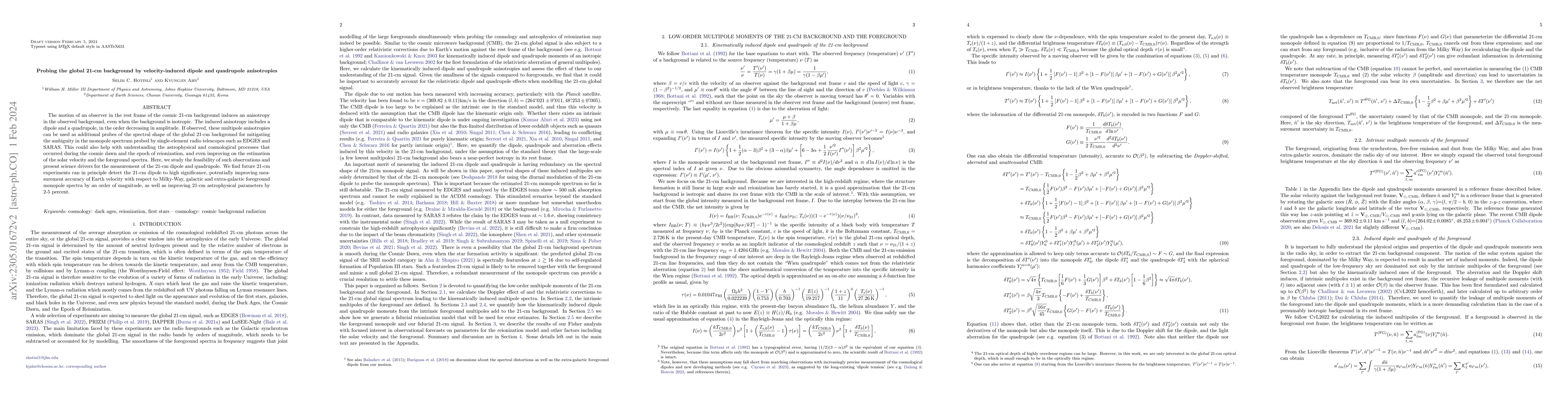 Thumbnail for Probing the global 21-cm background by velocity-induced dipole and
  quadrupole anisotropies