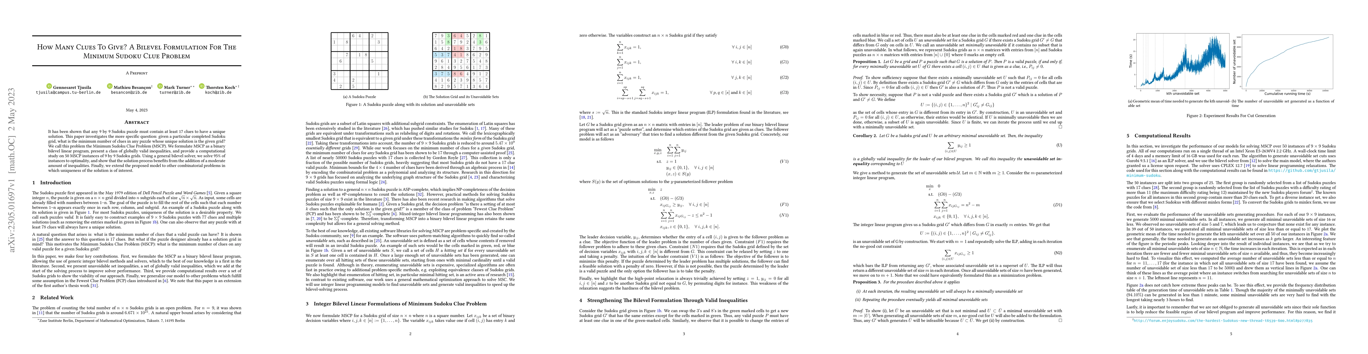 Thumbnail for How Many Clues To Give? A Bilevel Formulation For The Minimum Sudoku
  Clue Problem