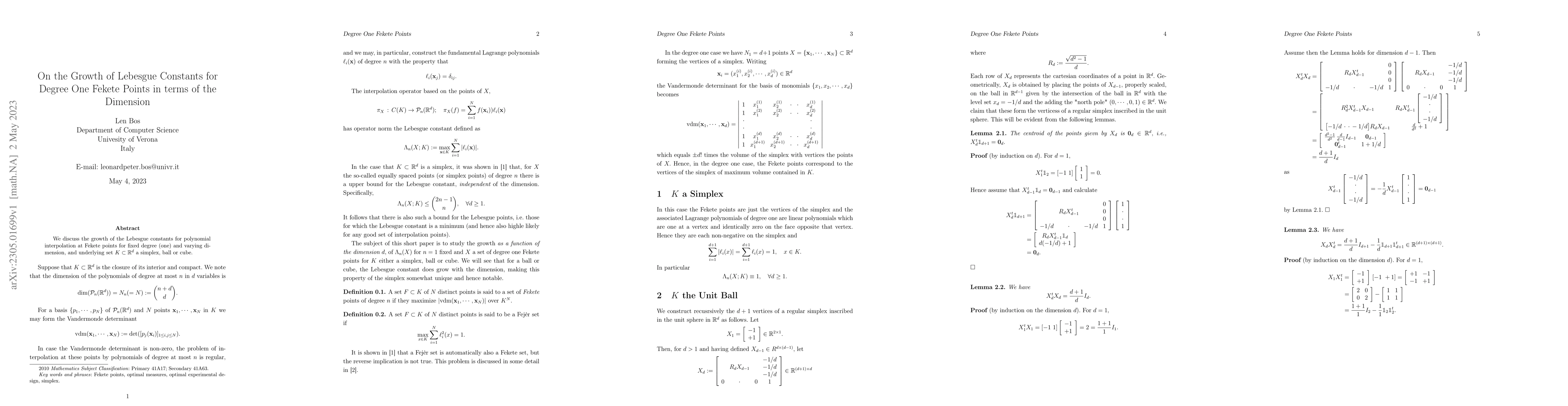 Thumbnail for On the Growth of Lebesgue Constants for Degree One Fekete Points in
  terms of the Dimension