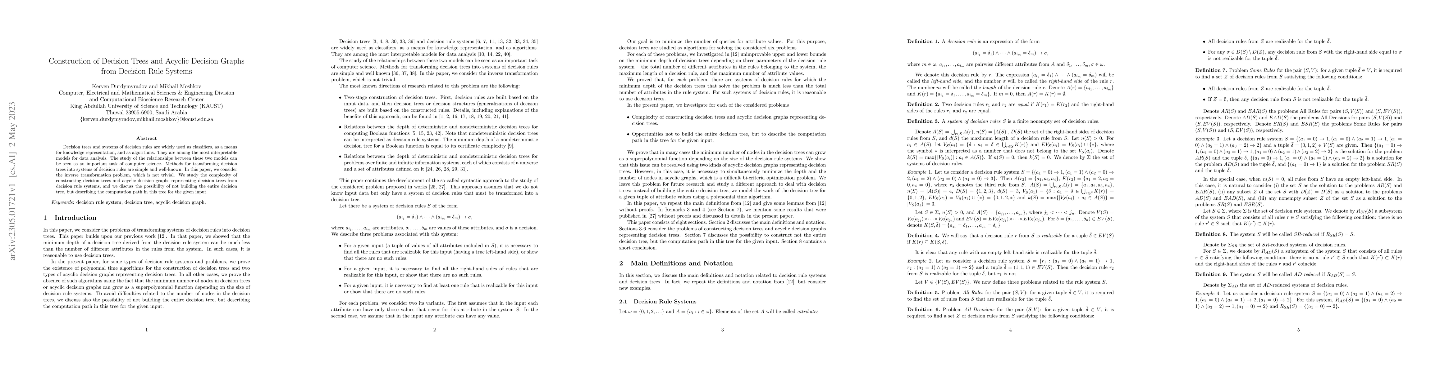 Thumbnail for Construction of Decision Trees and Acyclic Decision Graphs from Decision
  Rule Systems