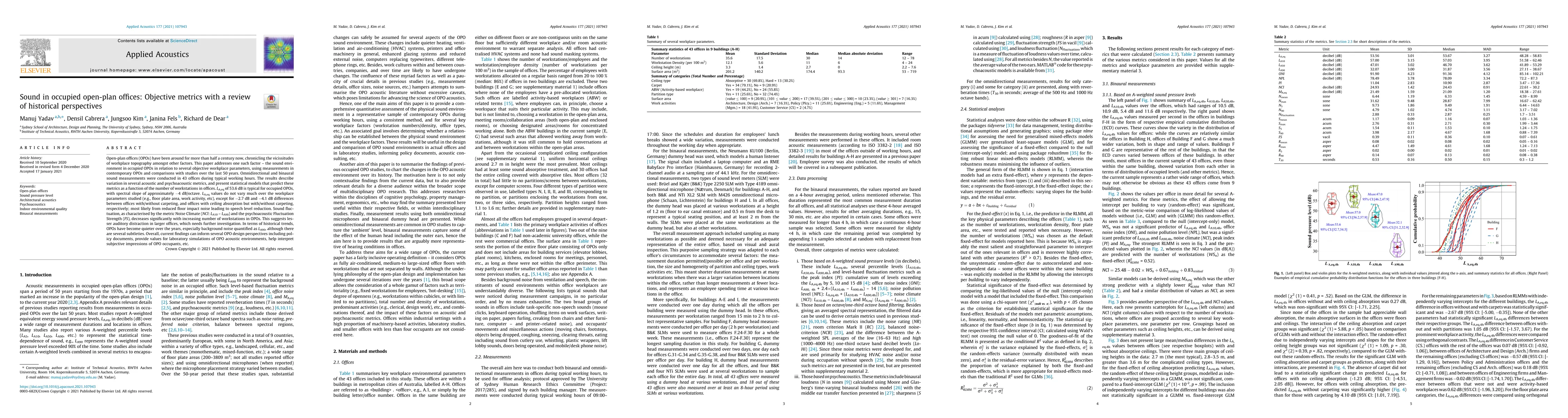 Thumbnail for Sound in occupied open-plan offices: Objective metrics with a review of
  historical perspectives