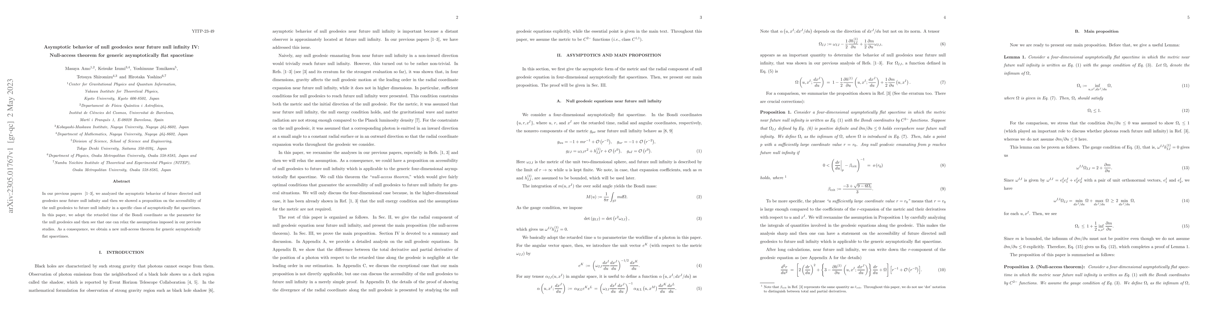 Thumbnail for Asymptotic behavior of null geodesics near future null infinity IV:
  Null-access theorem for generic asymptotically flat spacetime
