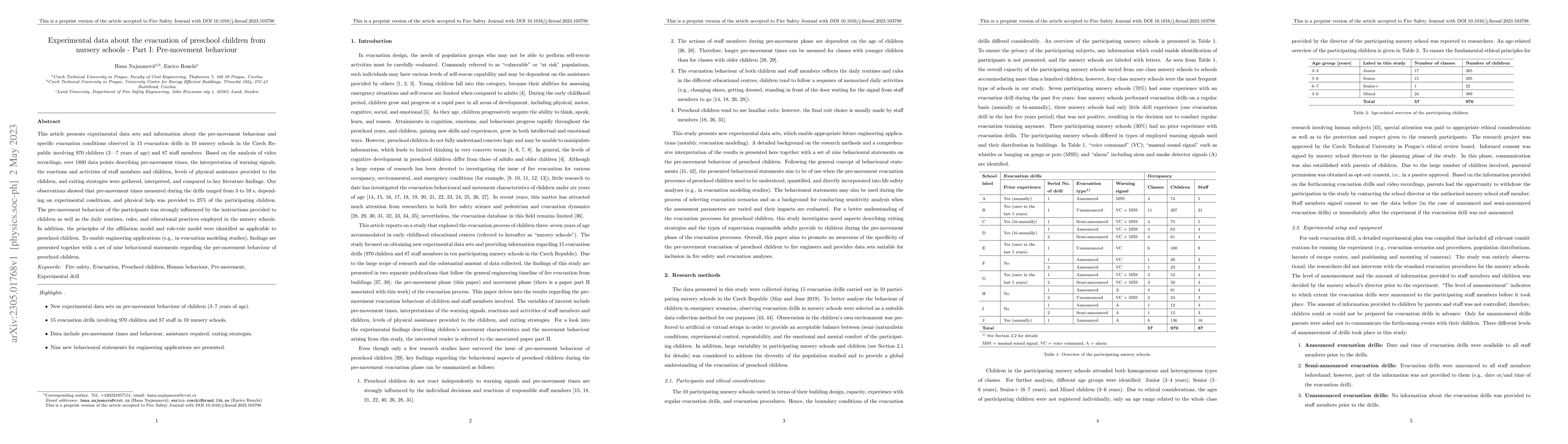 Thumbnail for Experimental data about the evacuation of preschool children from
  nursery schools -- Part I: Pre-movement behaviour