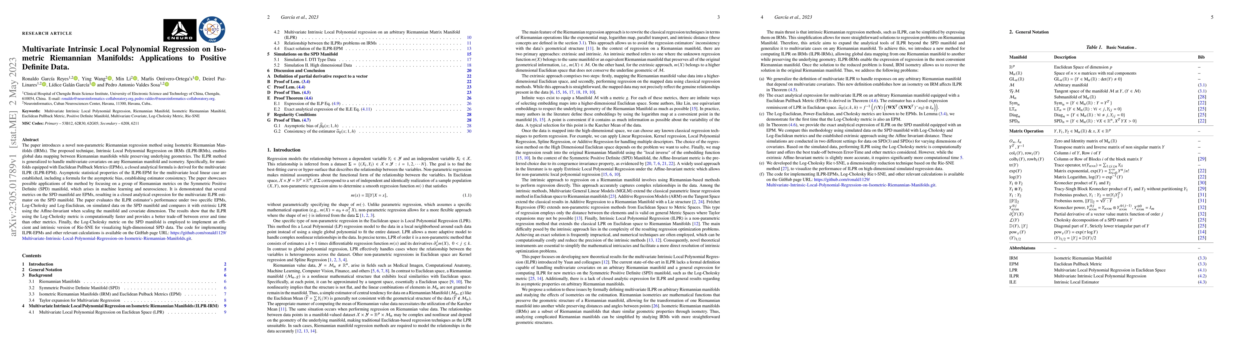 Thumbnail for Multivariate Intrinsic Local Polynomial Regression on Isometric
  Riemannian Manifolds: Applications to Positive Definite Data