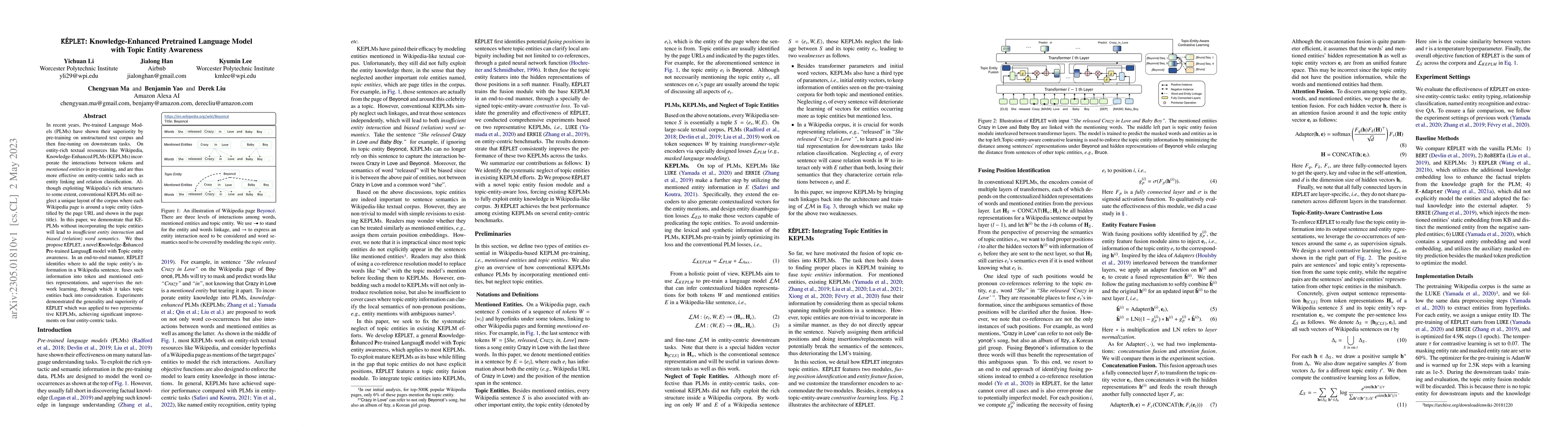 Thumbnail for KEPLET: Knowledge-Enhanced Pretrained Language Model with Topic Entity
  Awareness