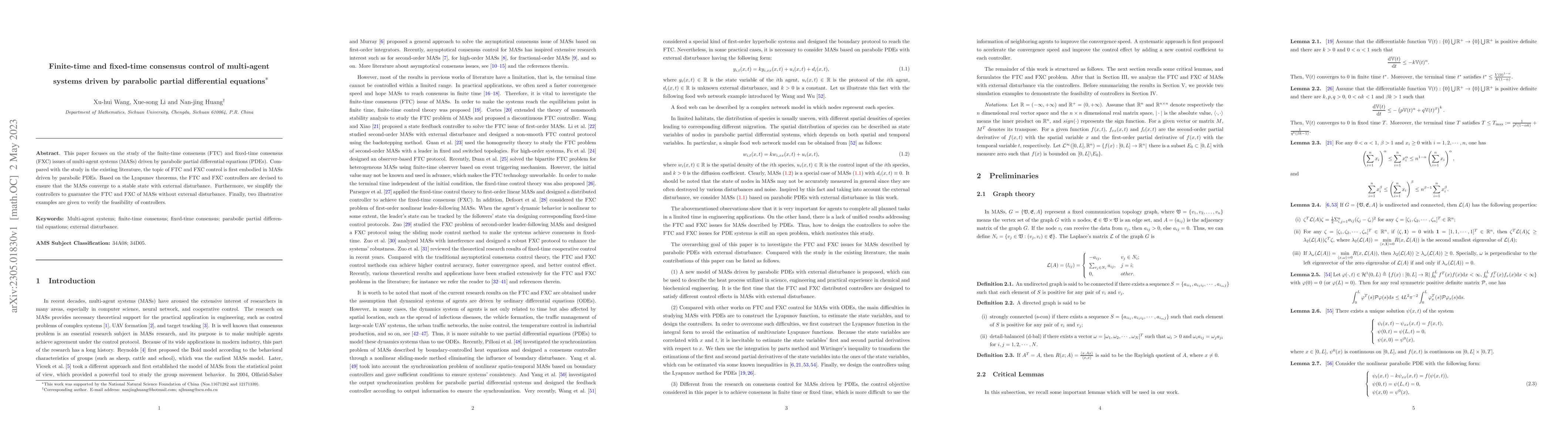 Thumbnail for Finite-time and fixed-time consensus control of multi-agent systems
  driven by parabolic partial differential equations
