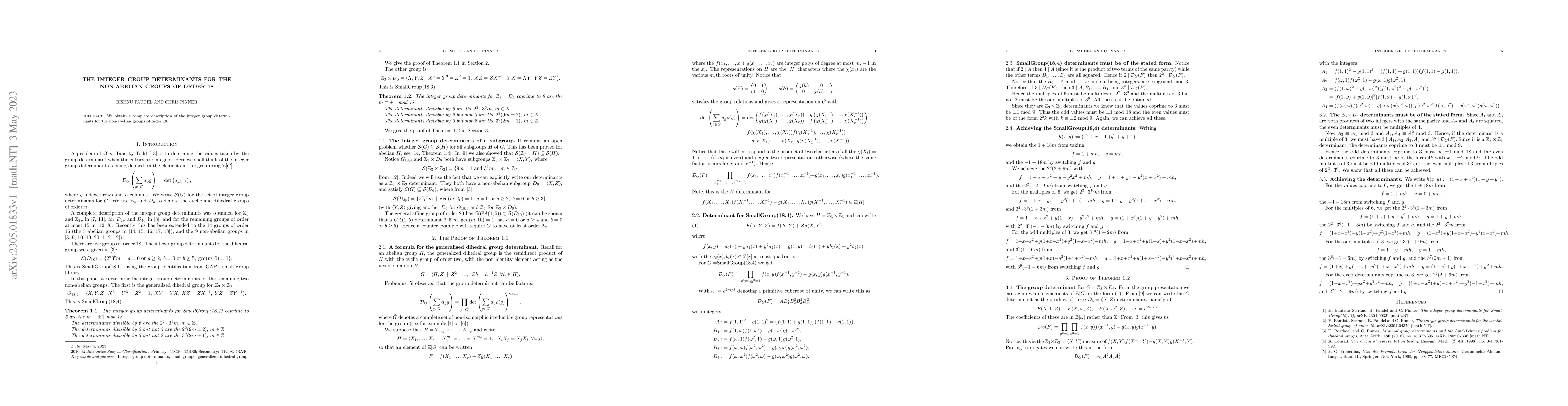 Thumbnail for The integer group determinants for the non-abelian groups of order 18