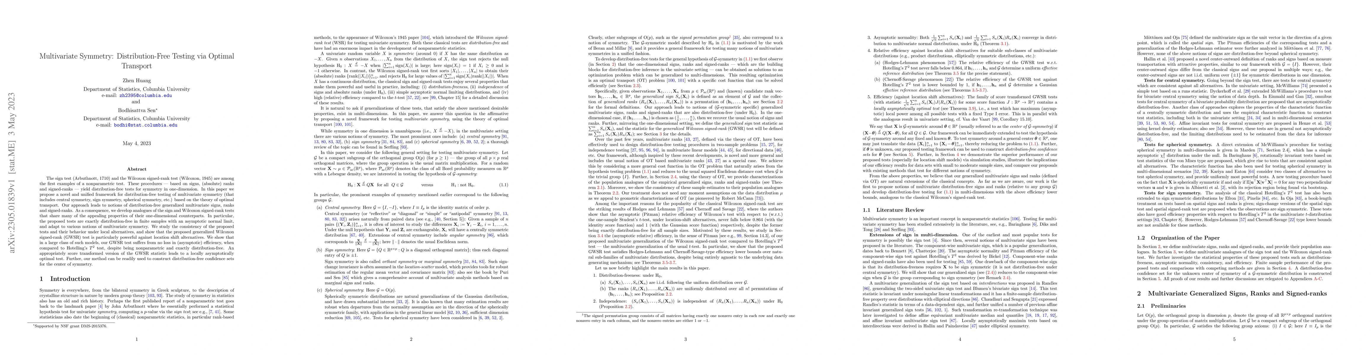 Thumbnail for Multivariate Symmetry: Distribution-Free Testing via Optimal Transport