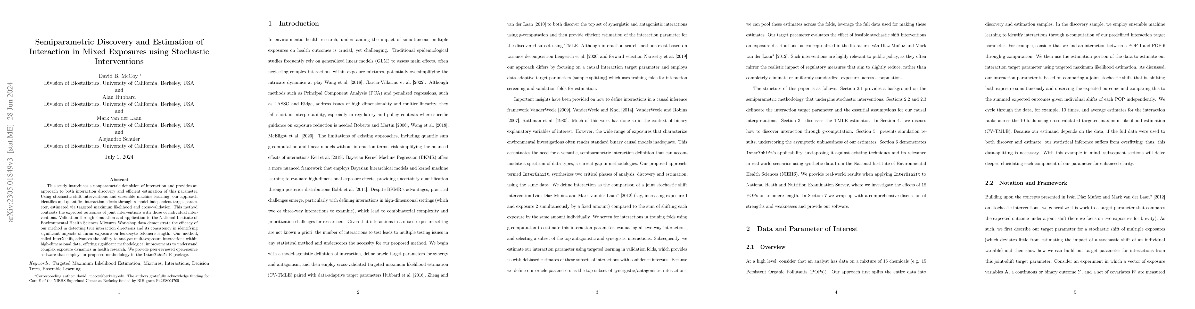 Thumbnail for Semiparametric Discovery and Estimation of Interaction in Mixed
  Exposures using Stochastic Interventions