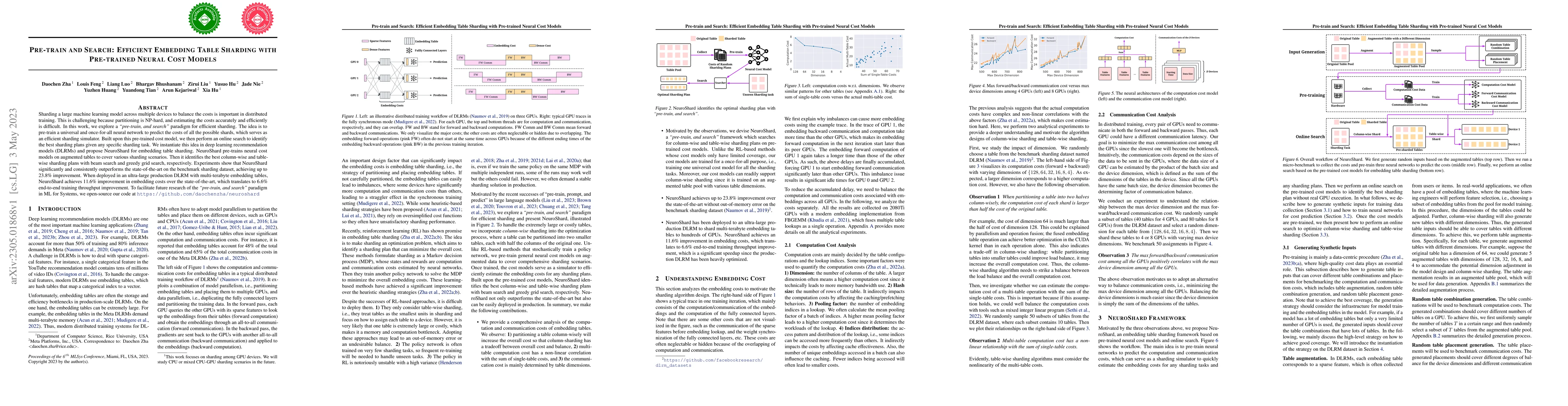 Thumbnail for Pre-train and Search: Efficient Embedding Table Sharding with
  Pre-trained Neural Cost Models