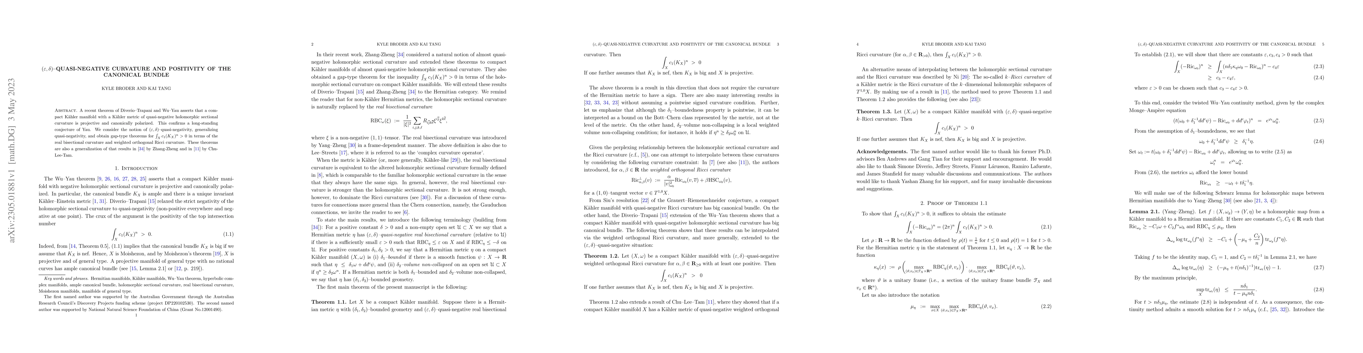 Thumbnail for $(\varepsilon, \delta)$--Quasi-Negative Curvature and Positivity of the
  Canonical Bundle