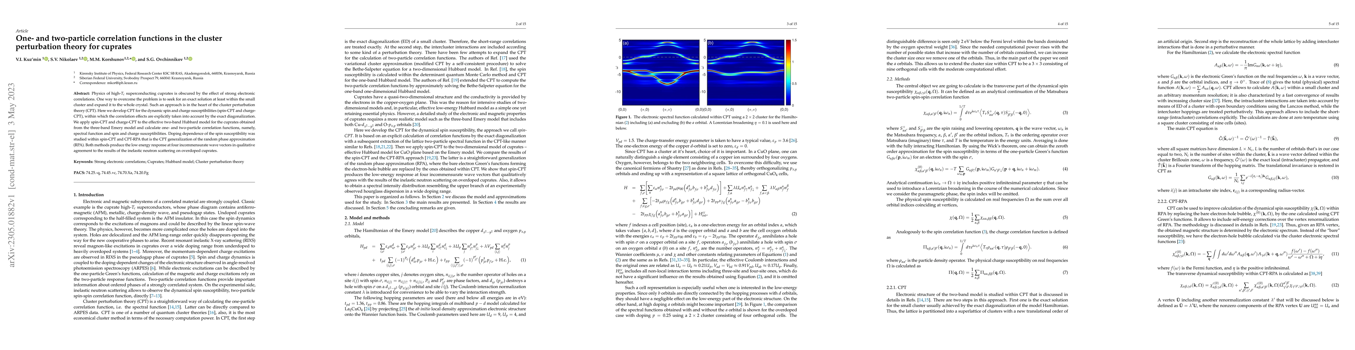 Thumbnail for One- and two-particle correlation functions in the cluster perturbation
  theory for cuprates