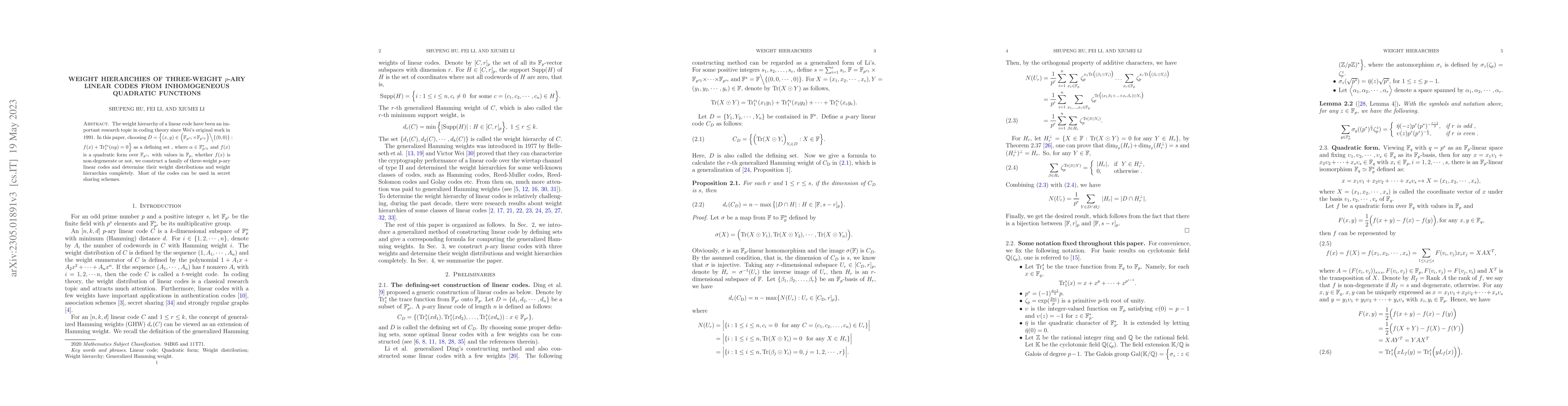 Thumbnail for Weight hierarchies of three-weight $p$-ary linear codes from
  inhomogeneous quadratic forms