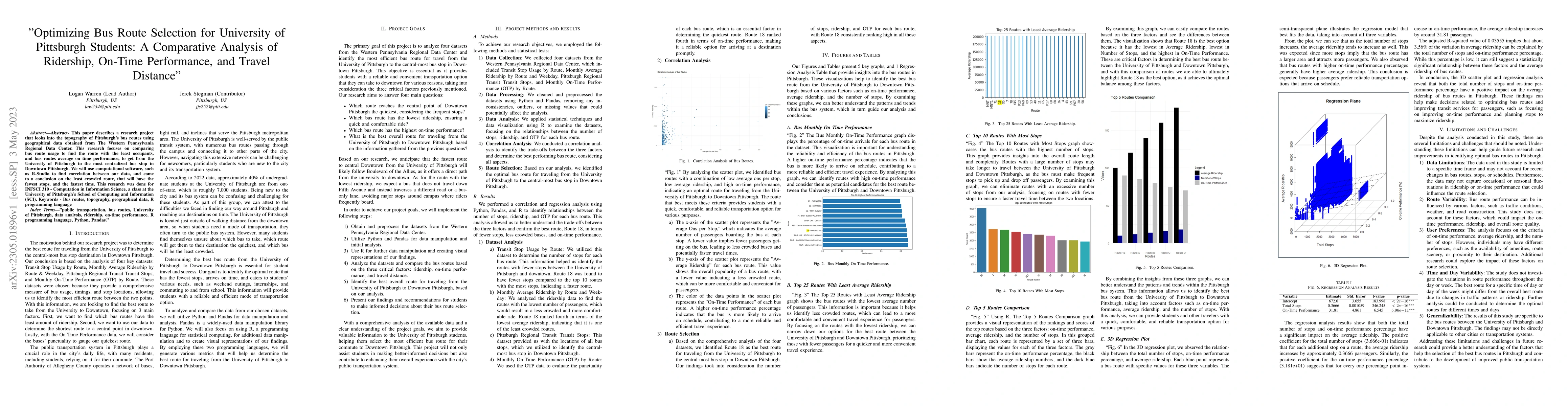 Thumbnail for Optimizing Bus Route Selection for University of Pittsburgh Students: A
  Comparative Analysis of Ridership, On-Time Performance, and Travel Distance