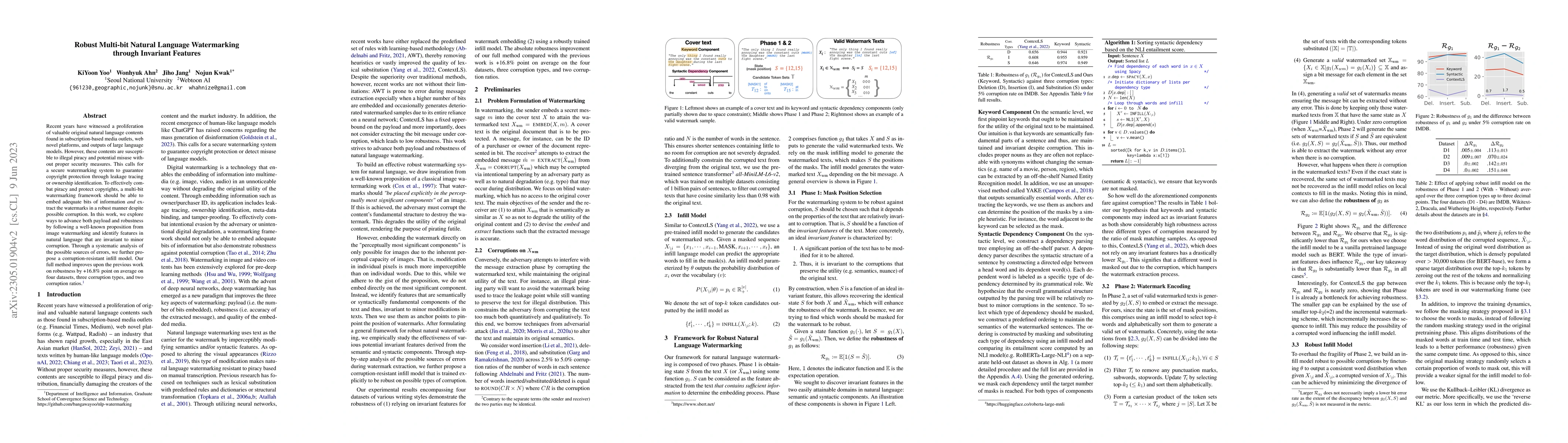Thumbnail for Robust Multi-bit Natural Language Watermarking through Invariant
  Features