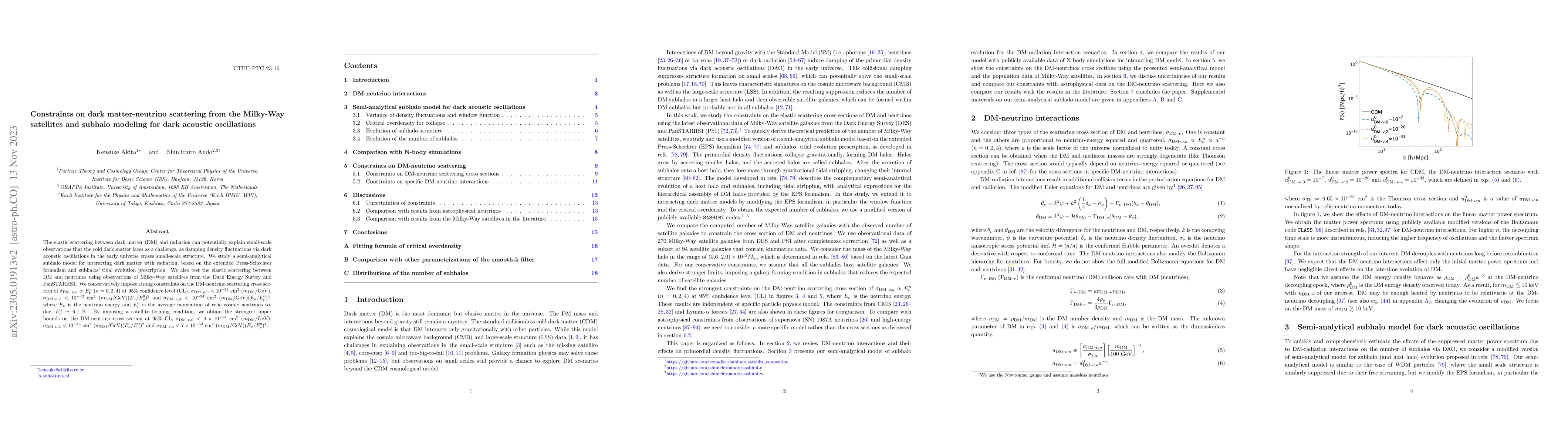 Thumbnail for Constraints on dark matter-neutrino scattering from the Milky-Way
  satellites and subhalo modeling for dark acoustic oscillations