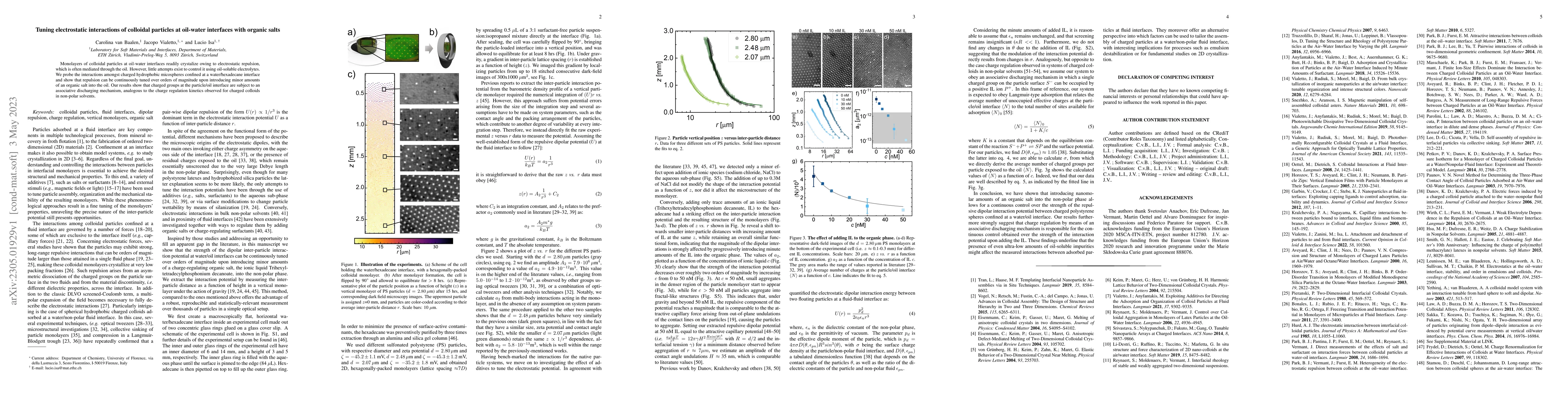Thumbnail for Tuning electrostatic interactions of colloidal particles at oil-water
  interfaces with organic salts