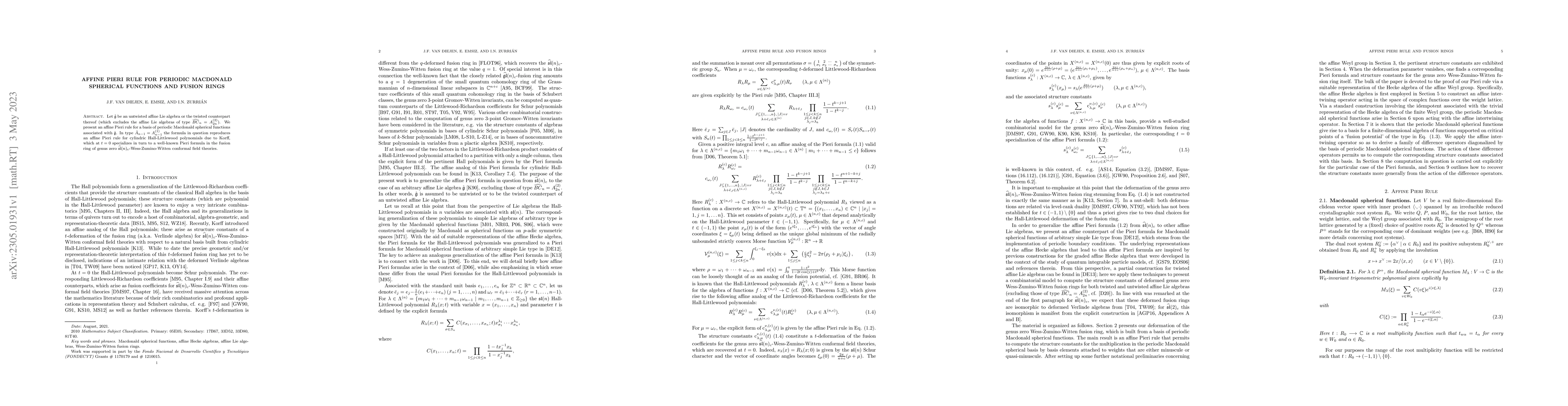 Thumbnail for Affine Pieri rule for periodic Macdonald spherical functions and fusion
  rings