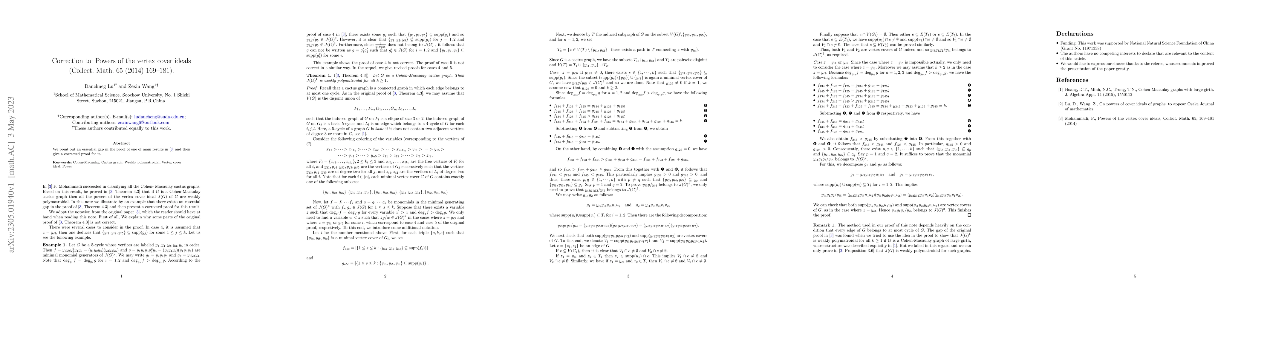 Thumbnail for Correction to: Powers of the vertex cover ideals (Collect. Math. 65
  (2014) 169--181)