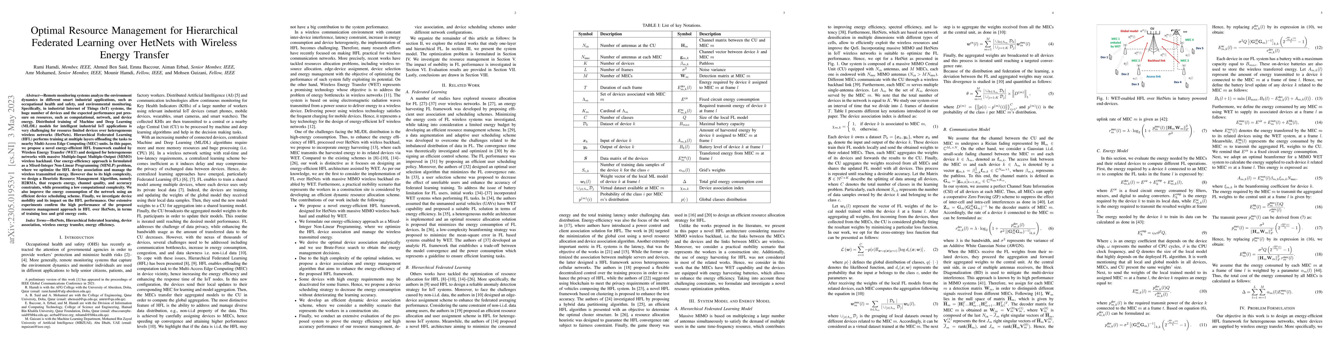 Thumbnail for Optimal Resource Management for Hierarchical Federated Learning over
  HetNets with Wireless Energy Transfer