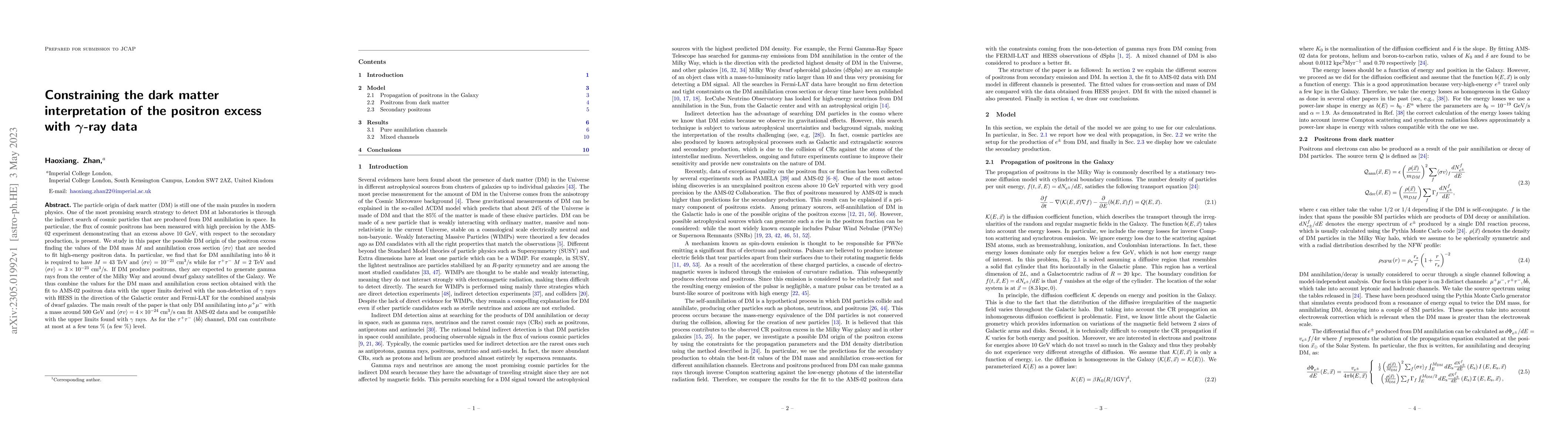 Thumbnail for Constraining the dark matter interpretation of the positron excess with
  $\gamma$-ray data