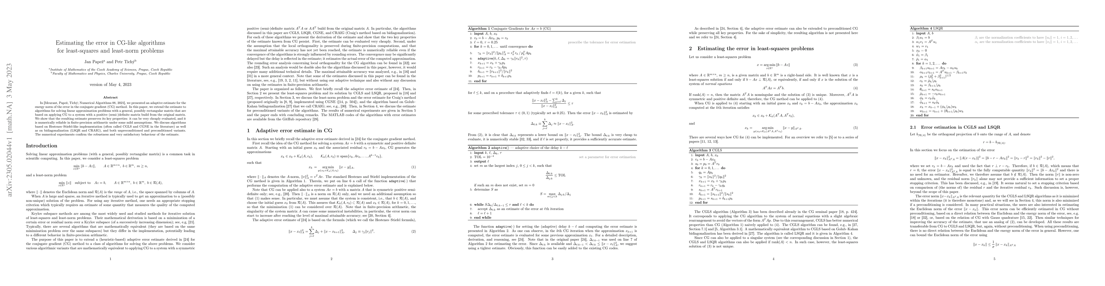 Thumbnail for Estimating the error in CG-like algorithms for least-squares and
  least-norm problems