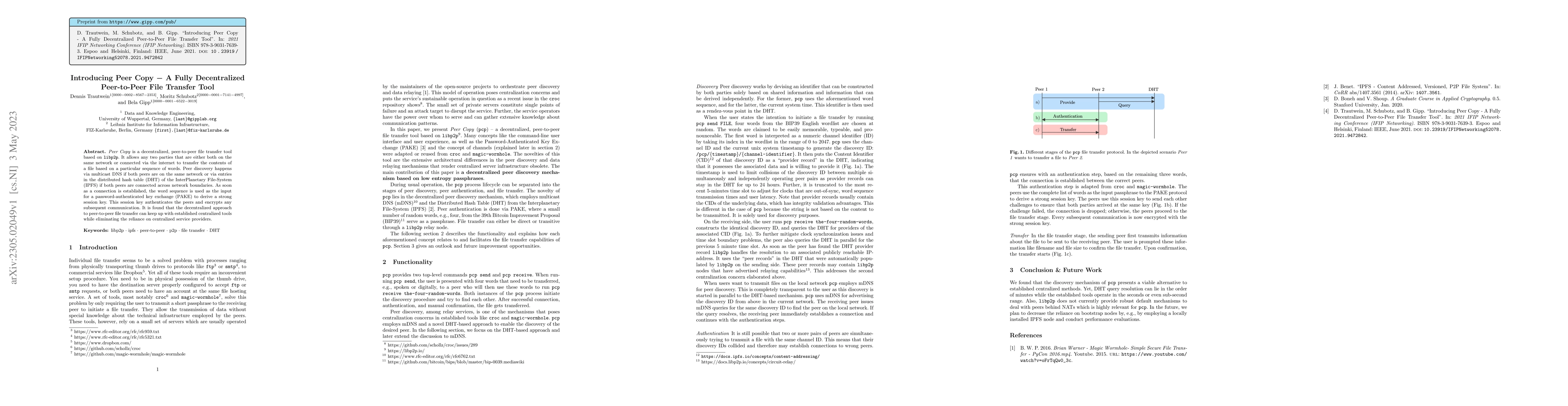 Thumbnail for Introducing Peer Copy -- A Fully Decentralized Peer-to-Peer File
  Transfer Tool