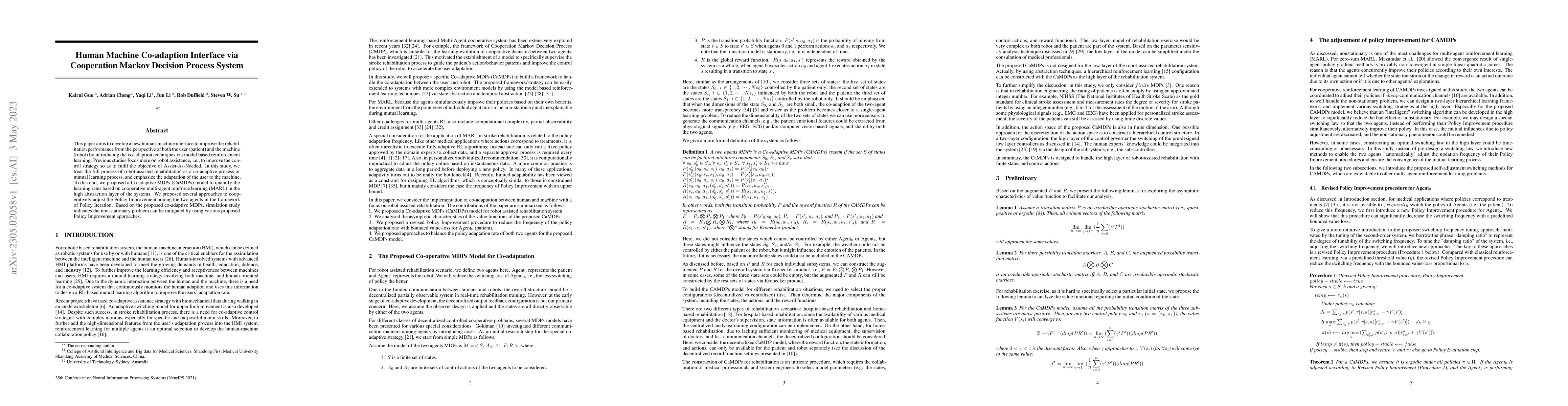 Thumbnail for Human Machine Co-adaption Interface via Cooperation Markov Decision
  Process System