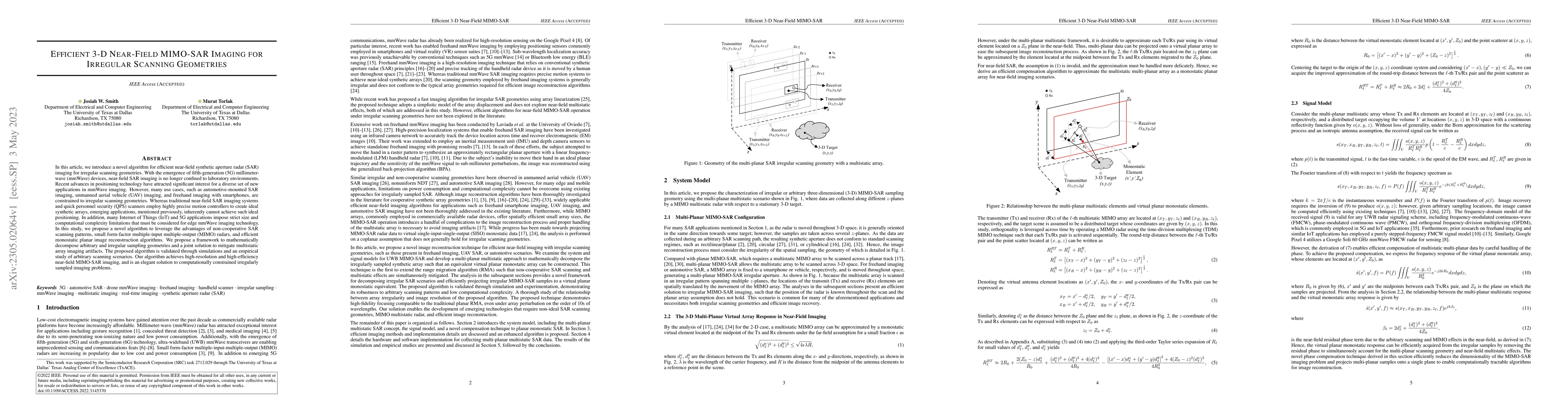 Thumbnail for Efficient 3-D Near-Field MIMO-SAR Imaging for Irregular Scanning
  Geometries