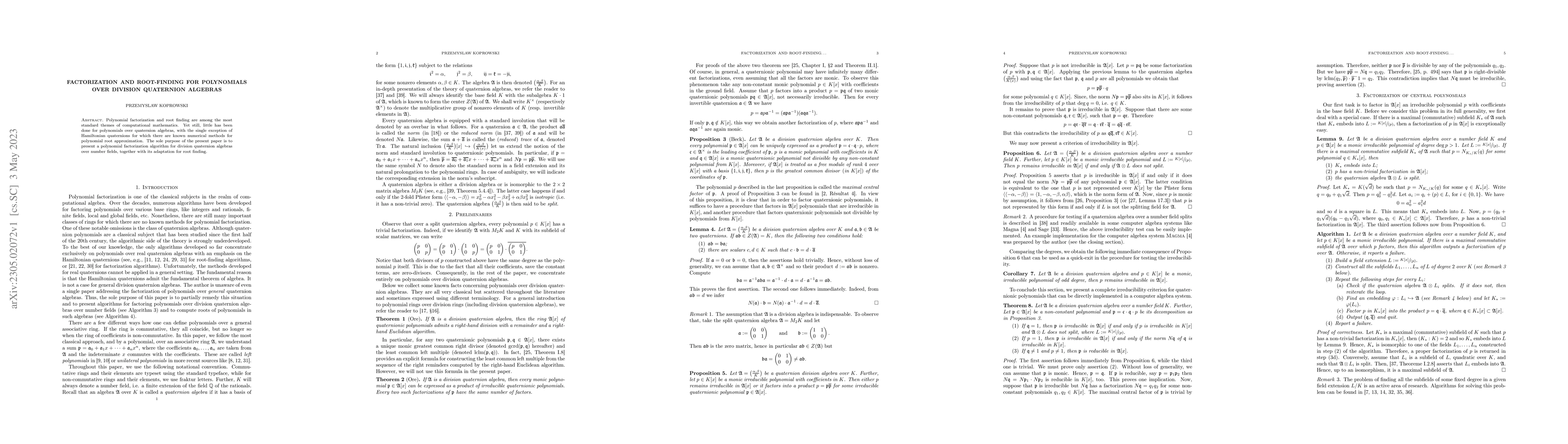 Thumbnail for Factorization and root-finding for polynomials over division quaternion
  algebras