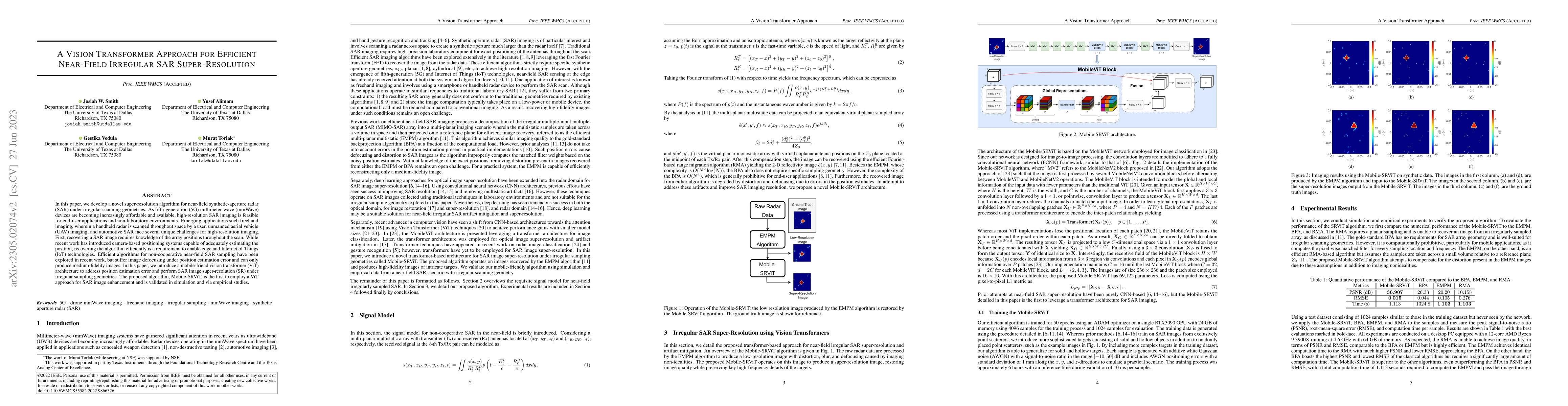 Thumbnail for A Vision Transformer Approach for Efficient Near-Field Irregular SAR
  Super-Resolution