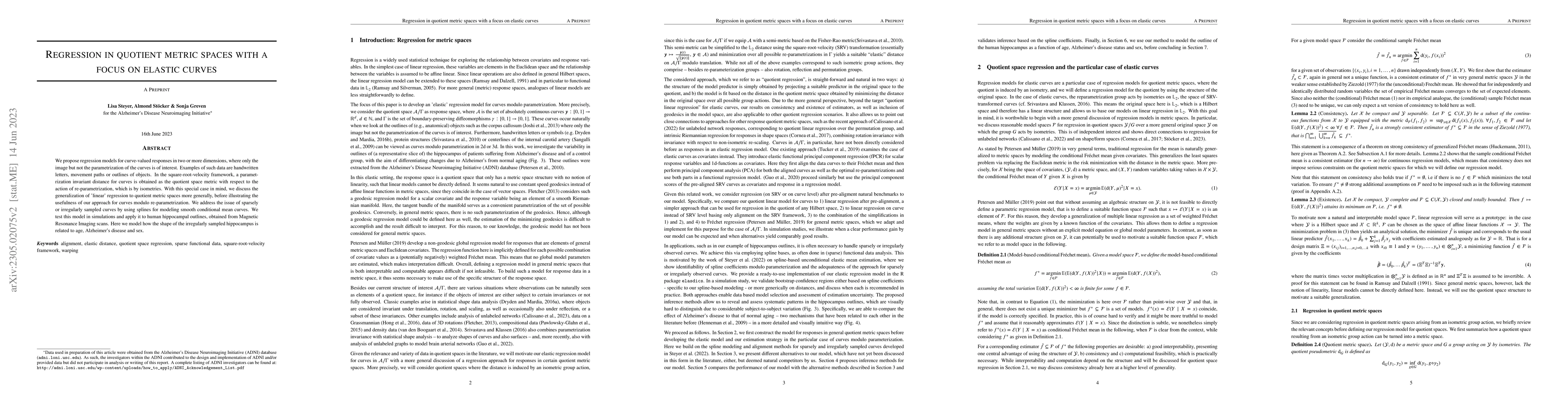 Thumbnail for Regression in quotient metric spaces with a focus on elastic curves