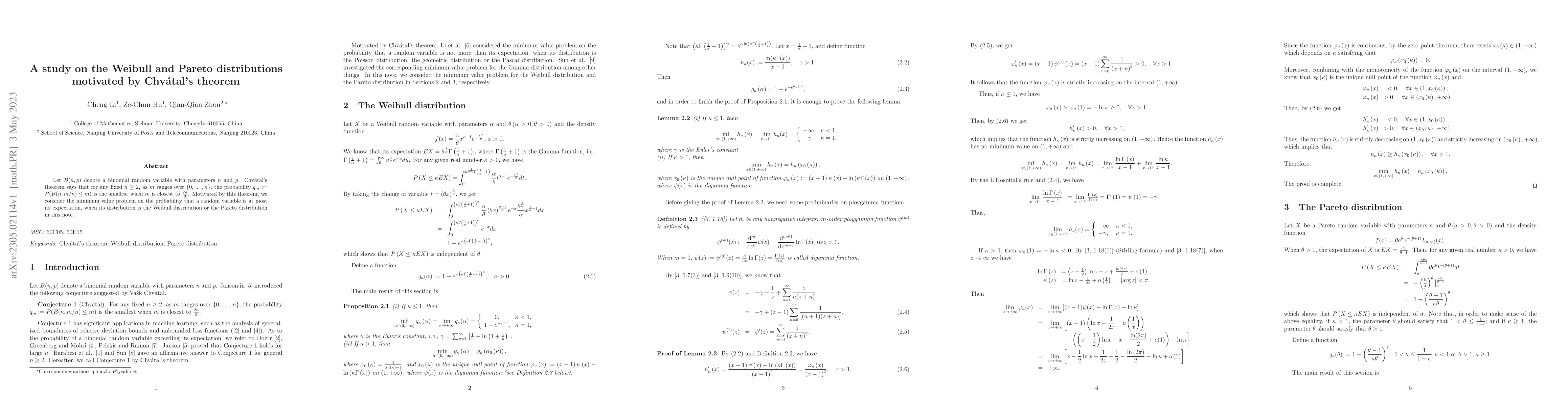 Thumbnail for A study on the Weibull and Pareto distributions motivated by
  Chv\'{a}tal's theorem